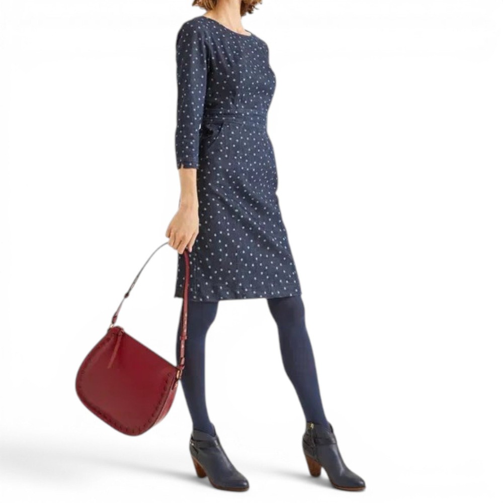 Boden Coraline Shift Dress Womens 12R Blue Polka Dot 3/4 Sleeve Mod Retro Pocket